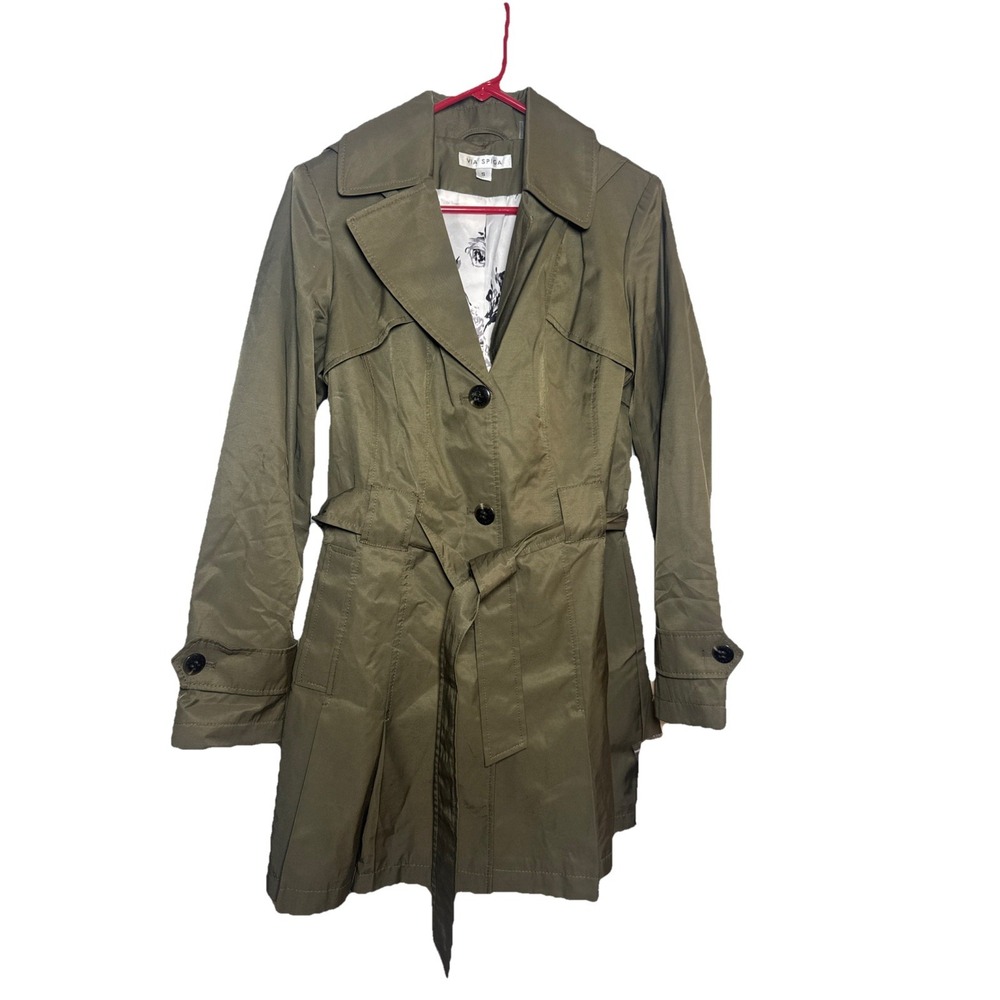 NWT Via Spiga Women's Sage Green Hooded Belted Trench Coat Size S Wtr Repellent